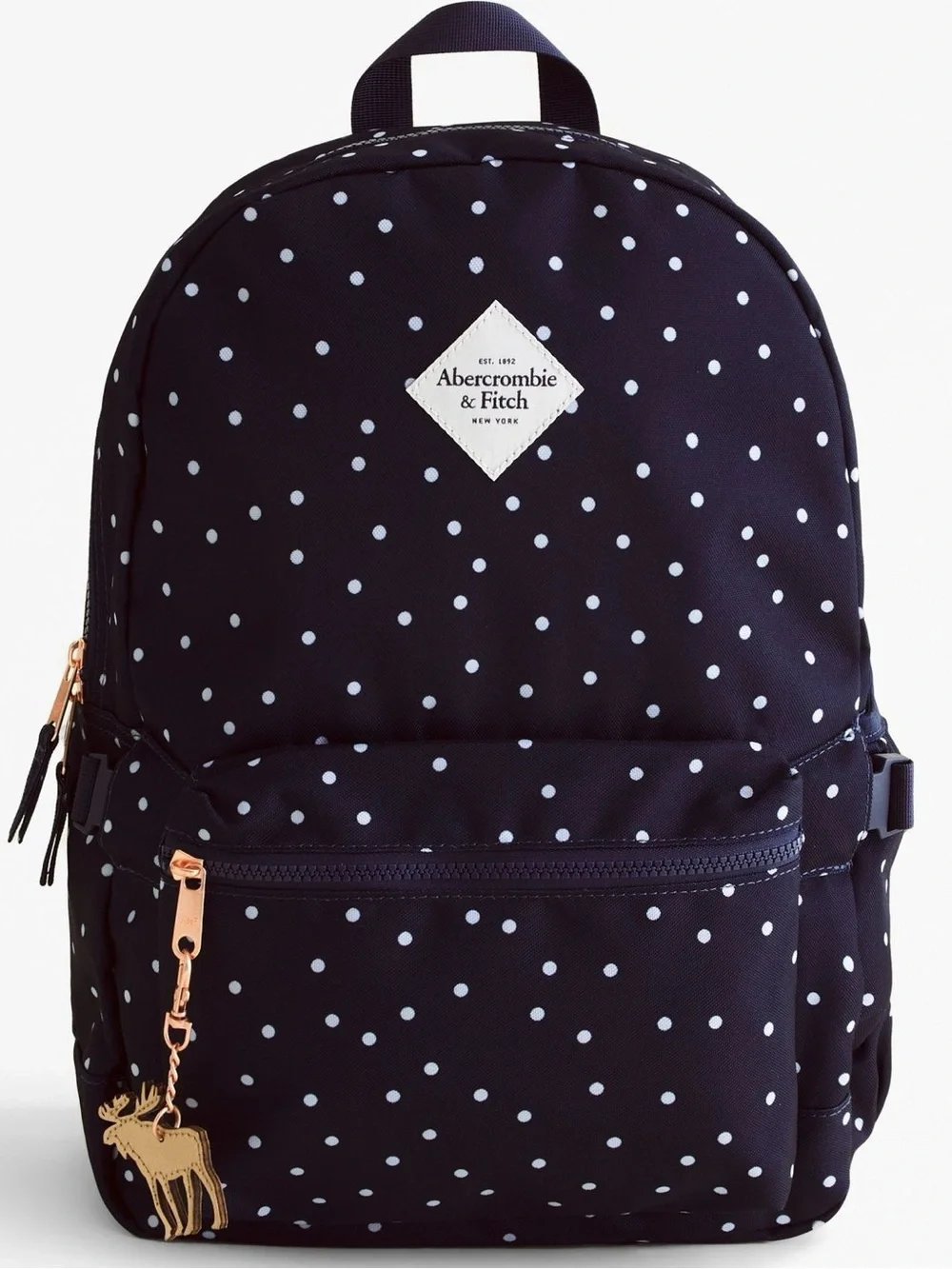 Abercrombie & Fitch Navy Blue Polka Dot Classic Backpack w/Goldtone Moose Charm